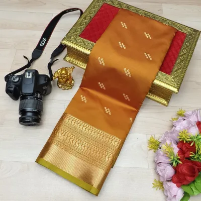 Teal Green Gold Zari Butta Fusion Soft Silk Saree